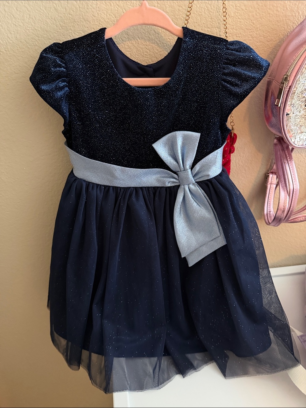 Jona Michelle Navy Sparkle Tulle Dress with Silver Satin Bow